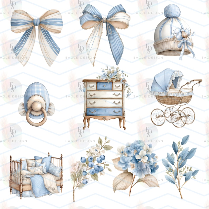 May include: Watercolor illustrations of baby-themed items in shades of blue and beige. The image includes bows, a pacifier, a dresser, a stroller, a crib, and floral arrangements. The style is soft and delicate, perfect for nursery decor.