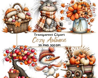Autumn Cottage Clipart PNG, 39 Watercolor Fall Harvest Scenes with Animals for Farmhouse Decor, Cottagecore Fall Clipart