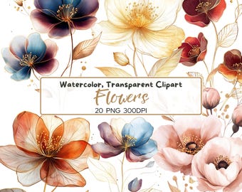20 Abstract Watercolor Floral Clipart Bundle, Mint Green, White & Gold Flowers, High Quality PNG, Instant Download, Printable Clipart Crafts