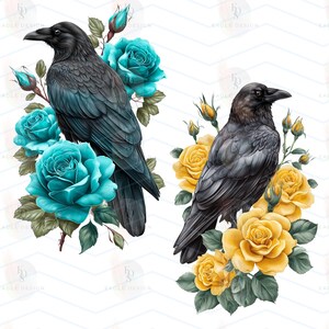 May include: Two illustrations of black ravens with floral arrangements. One raven is surrounded by vibrant turquoise roses, the other by golden yellow roses. The artwork has a detailed, realistic style with a touch of fantasy.