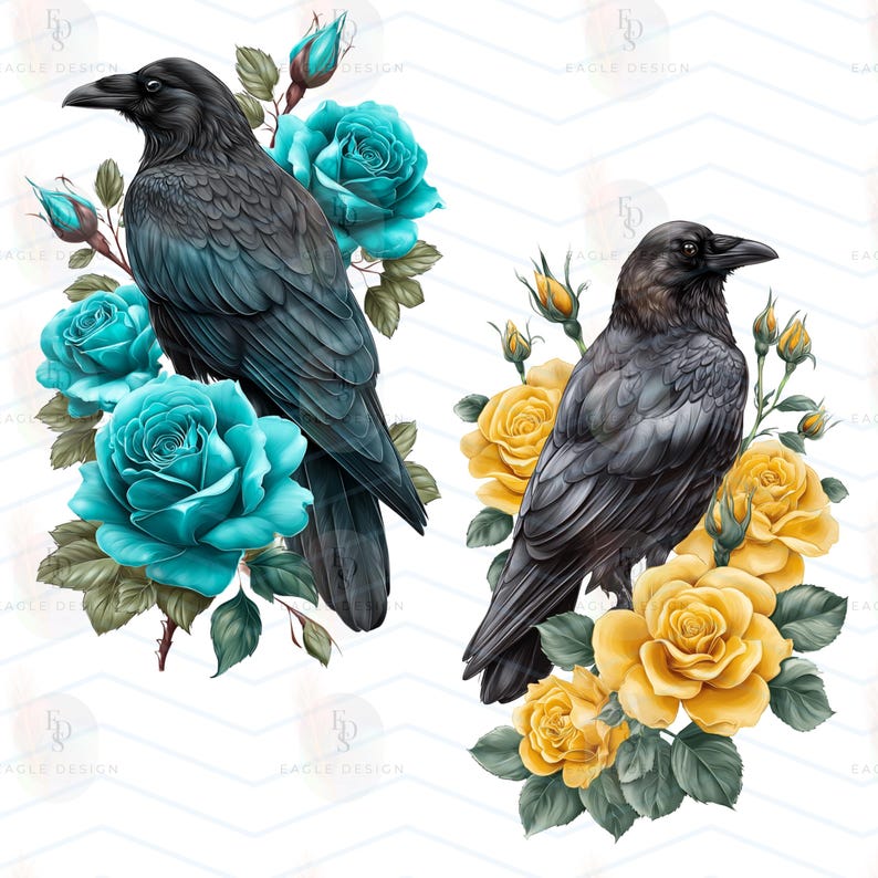 May include: Two illustrations of black ravens with floral arrangements. One raven is surrounded by vibrant turquoise roses, the other by golden yellow roses. The artwork has a detailed, realistic style with a touch of fantasy.