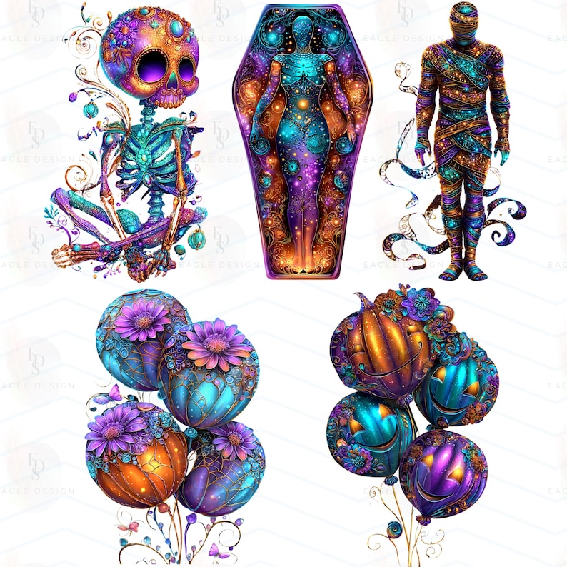 Op de afbeelding: Een verzameling levendige digitale illustraties met Halloween-thema. De afbeeldingen bevatten een kleurrijk skelet, een figuur in een kist, een mummie en decoratieve ballonnen met pompoen- en bloemmotieven. Het kleurenpalet bevat blauw, paars, oranje en goud.
