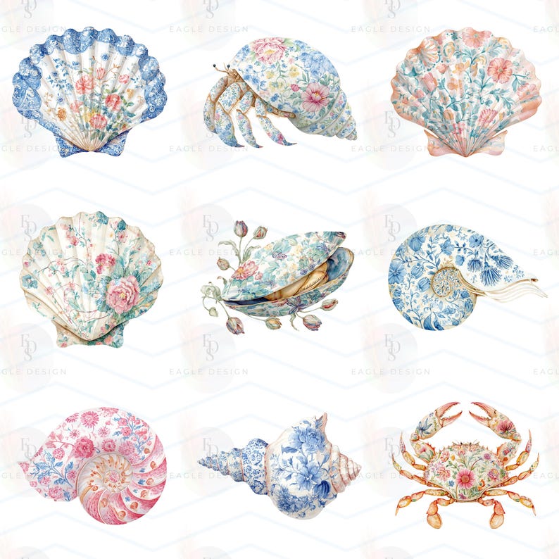 May include: A collection of nine watercolor illustrations featuring seashells, a hermit crab, and a crab, each decorated with intricate blue, pink, and green floral patterns. The set includes various shell shapes like scallops, conchs, and nautilus shells, all displaying detailed botanical motifs on their surfaces.