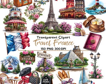 150 PNG Travel France Clipart Bundle, French Watercolor, Paris Clip Art, Eiffel Tower, Provence, French Riviera, France Vacation Graphics