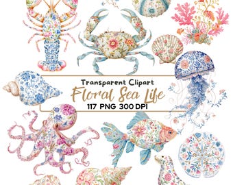 Floral Sea Life Clipart Bundle, Coastal Watercolor Ocean Animals PNG, Nautical Floral Clipart, Jellyfish Crab Lobster Fish Shells, 117 PNG