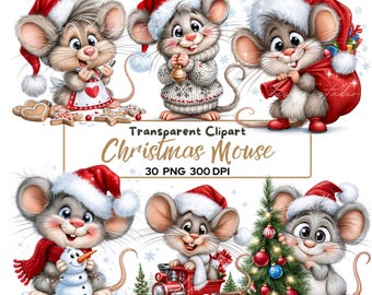 Christmas Mouse Clipart Bundle, Cute Christmas Mice PNG, Watercolor Holiday Animals, Santa Mouse Clip Art, Winter Sublimation PNG