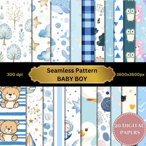 20 Cute BABY Boy Paper, Seamless Digital Papers, Babyshower, Birthday, Scrapbook Paper, Commercial Use, Children's Paper JPG - Holiday paper