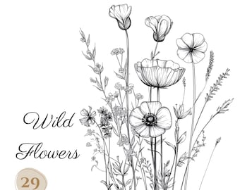 29 PNG Wildflower Drawings Black and White Clipart, Digital Download, Printable Watercolor Clipart, Paper Crafts, Quality JPG, Junk Journal