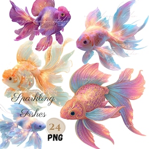 Lot de 24 cliparts PNG éthérés, dessins d'illustrations de poissons brillants fantaisistes mignons, fées, clipart poisson doré rose pétillant