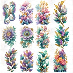 May include: Watercolor illustrations of marine life and floral arrangements. The image features seahorses, coral, and various flowers in shades of blue, purple, pink, and gold. The designs are detailed and artistic, suitable for various creative projects.