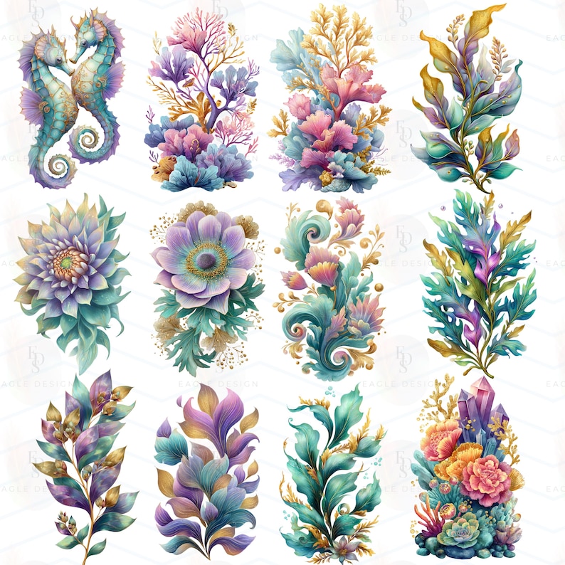May include: Watercolor illustrations of marine life and floral arrangements. The image features seahorses, coral, and various flowers in shades of blue, purple, pink, and gold. The designs are detailed and artistic, suitable for various creative projects.