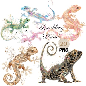 May include: A collection of six watercolor illustrations of lizards in various colors, including blue, green, pink, and gold. The lizards are decorated with floral and sparkling accents. The text "Sparkling Lizards" is written in cursive, with a "20 PNG" graphic.