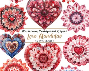 45 PNG Mandala - Watercolor Love Inspired - clip arts (300 dpi, commercial use, digital transparent) Hearts Mandala, Valentine&#39;s Day mandala