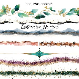 May include: A collection of watercolor borders in various styles. The image features designs with green leaves, gold accents, and a variety of colors, including pink, blue, and purple. The text "Watercolor Borders" is displayed in a script font.