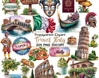 205 PNG ITALY Travel Clipart Bundle, Toscana Landmarks, Italian Travel Icons, Rome Vintage Elements, Amalfi, Passport Illustration Set