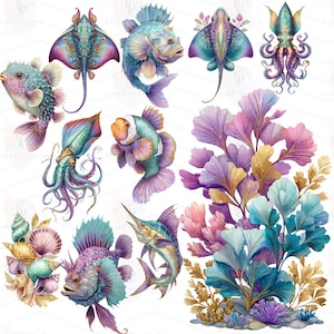 May include: Watercolor illustration of various sea creatures, including fish, stingrays, and an octopus, in shades of blue, purple, and teal. The image also features coral and seashells, creating an underwater scene.