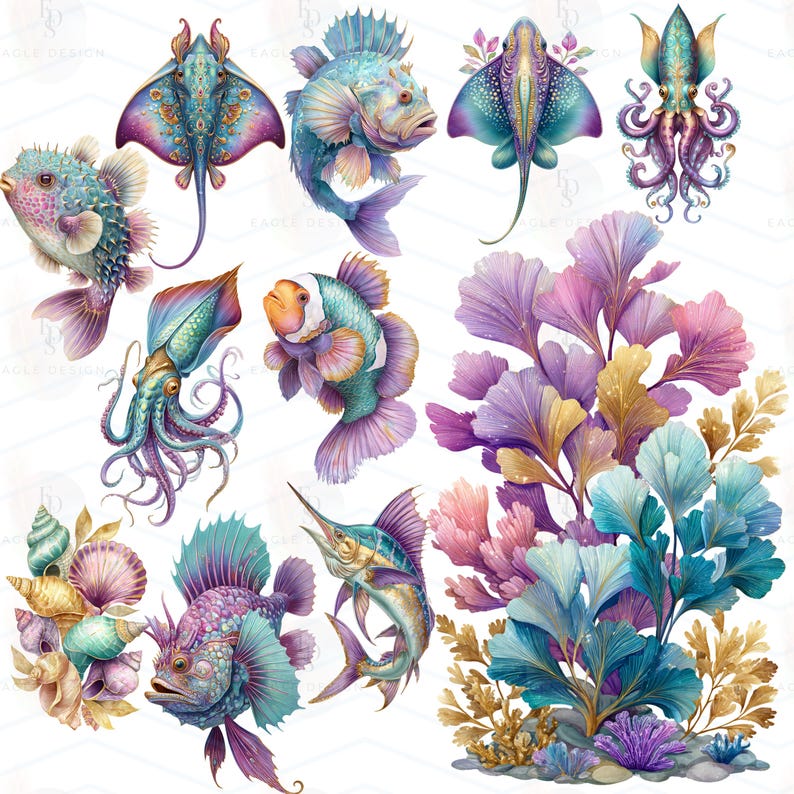 May include: Watercolor illustration of various sea creatures, including fish, stingrays, and an octopus, in shades of blue, purple, and teal. The image also features coral and seashells, creating an underwater scene.