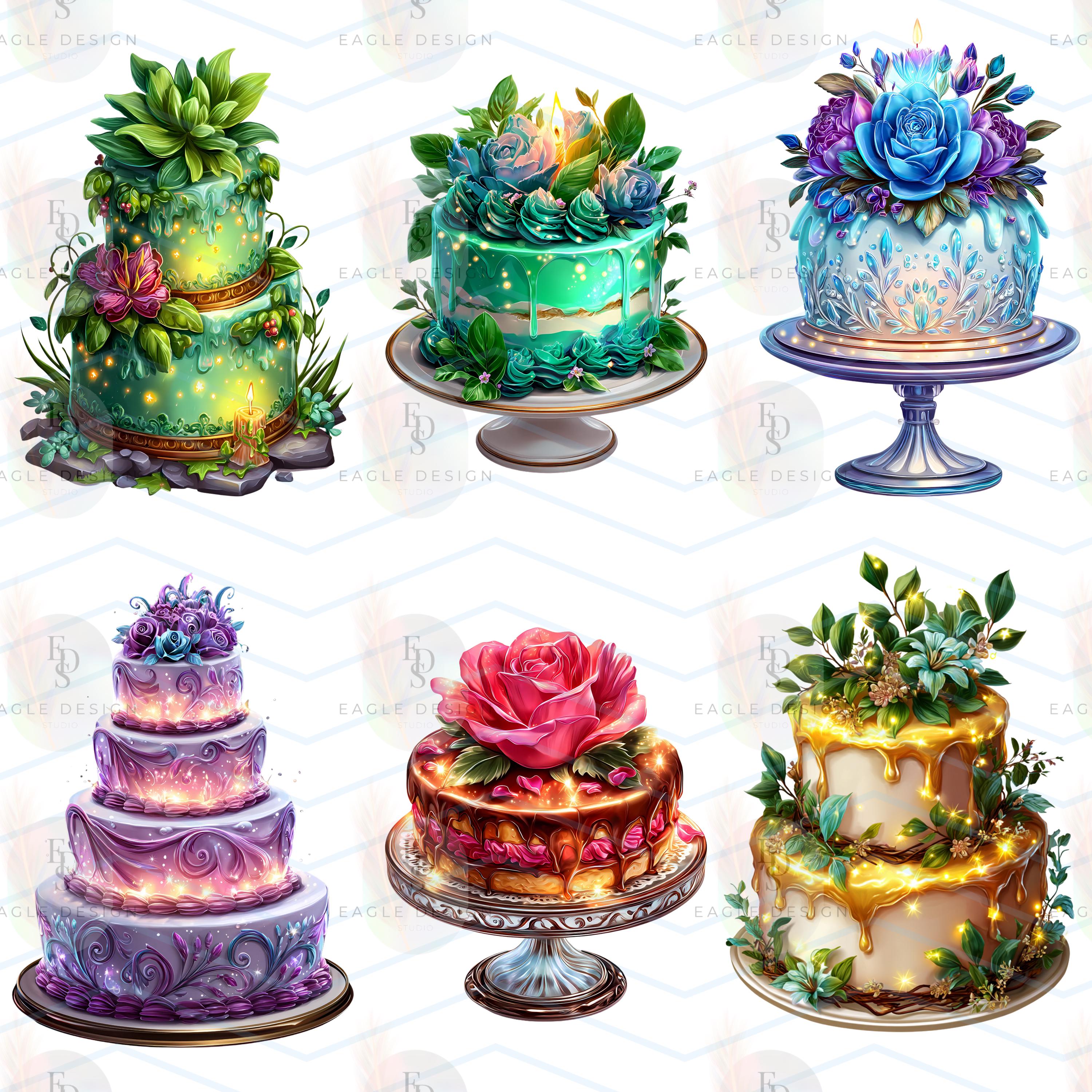 Ethereal Glowing Cake Clipart Bundle: Watercolor Birthday Cakes (30 PNG ...