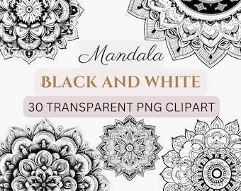 30 PNG MANDALA - Black and White - clip arts (300 dpi, commercial use, digital transparent) Vector Design