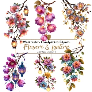Puede incluir: Clipart de acuarela con ramas florales con linternas y luces de cadena. Las flores son en tonos rosa, morado y azul. El texto dice "Watercolor, Transparent Clipart Flowers & Lantern 24 PNG 300DPI."