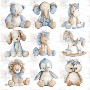 May include: A collection of watercolor illustrations of plush toys, including a teddy bear, elephant, dog, horse, rocking horse, lion, penguin, and owl. Each toy features soft colors of blue, brown, and beige, with delicate details and a whimsical style.