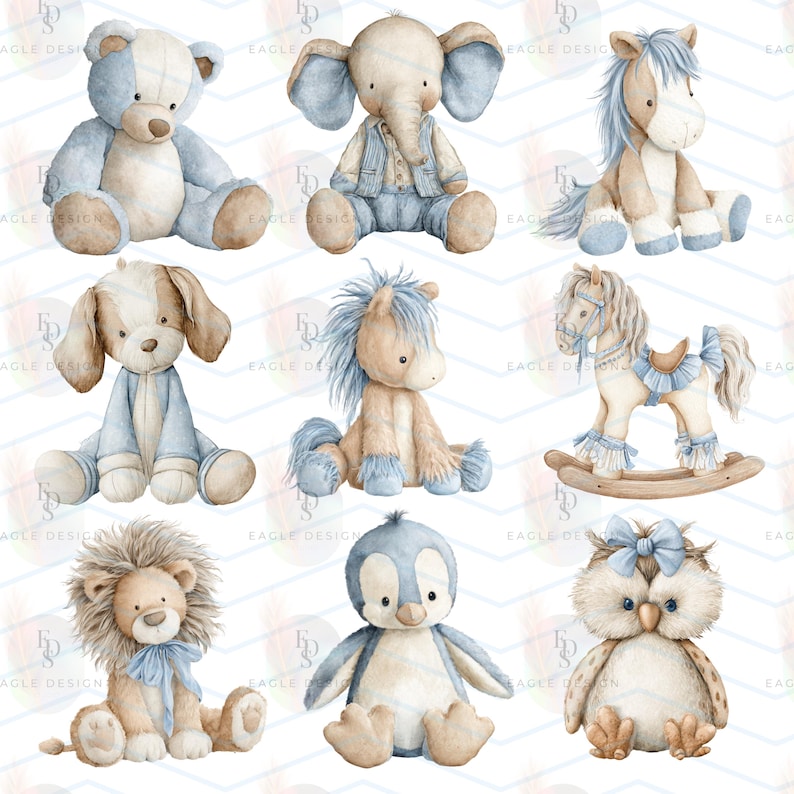May include: A collection of watercolor illustrations of plush toys, including a teddy bear, elephant, dog, horse, rocking horse, lion, penguin, and owl. Each toy features soft colors of blue, brown, and beige, with delicate details and a whimsical style.
