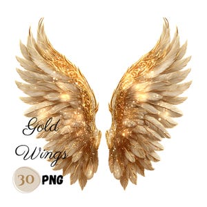 Lot de 30 ailes d'ange en or PNG, illustrations d'illustrations d'ailes dorées éthérées, clipart halo, clipart ciel, ailes pétillantes lumineuses