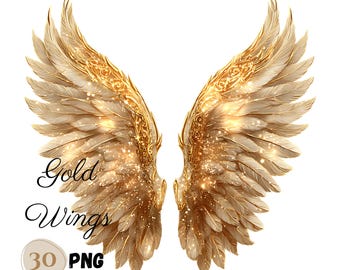 30 PNG Gold Angel Wings Clipart Bundle, Ethereal Golden WINGS Illustrations Designs, Halo clipart, Heaven Clipart, Glowing Sparkling Wings