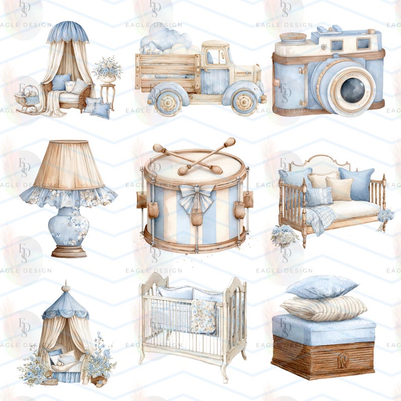 May include: Watercolor illustrations of baby-themed items in shades of blue and beige. The image includes a toy truck, a camera, a drum, a lamp, a crib, a canopy bed, a sofa, and a storage ottoman with pillows.