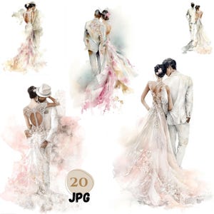 Elegantes Hochzeitspaar Clipart JPG Bundle | Braut und Bräutigam Illustrationen | Romantische Hochzeitsgrafik Aquarell | 20 JPG | Sofort Download