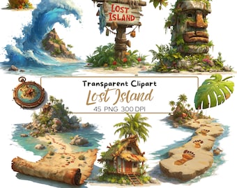 Paquete de imágenes prediseñadas PNG de islas tropicales, gráficos de islas perdidas, elementos de playa, imágenes prediseñadas de verano, uso comercial, PNG transparente, 300 DPI
