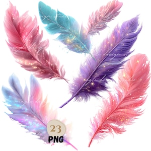 May include: A selection of digitally created feathers in shades of pink, blue, and purple. Each feather has a soft, textured look with sparkling details. The image includes the text "23 PNG".