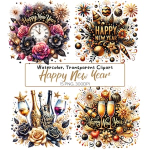 15 cliparts aquarelles festifs « Happy New Year » | Graphismes festifs pour travaux manuels et décorations de fête, téléchargement numérique
