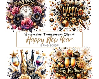 15 Festive &quot;Happy New Year&quot; Watercolor Clipart PNG Bundle | Celebration-Themed Graphics for Party Crafts & Decorations, Digital Download
