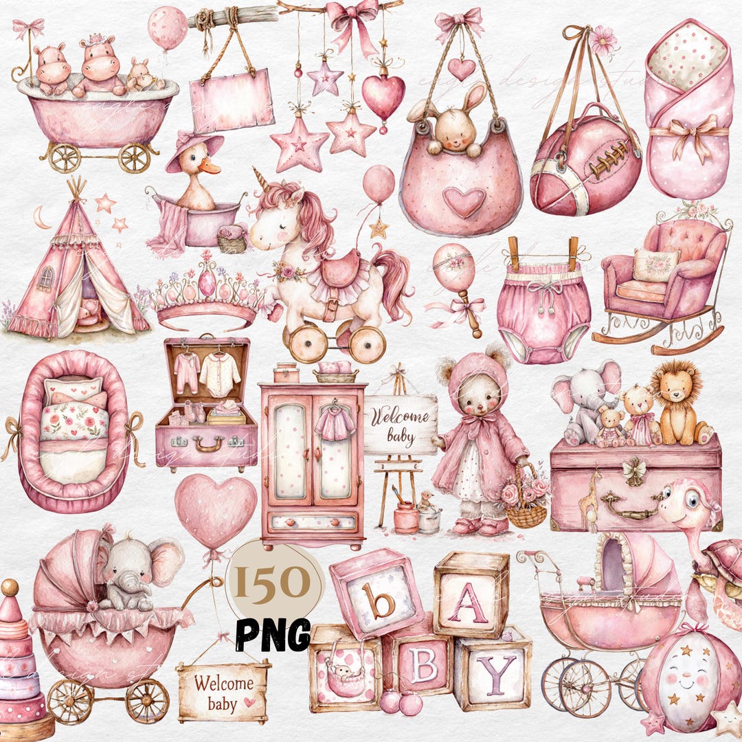 Pink Baby Shower Watercolor Clipart Bundle: 150+ Vintage Nursery PNG ...