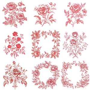 May include: Nine red line drawings of roses and floral arrangements. The drawings are in a vintage style and feature various floral designs, including bouquets, wreaths, and single flowers.