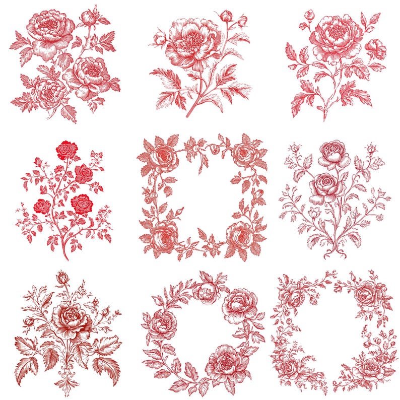 May include: Nine red line drawings of roses and floral arrangements. The drawings are in a vintage style and feature various floral designs, including bouquets, wreaths, and single flowers.