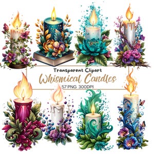 57 Clipart Bougie Fantaisie PNG | Bougies magiques fantaisie avec fleurs et éléments | 57 images PNG transparentes pour livres de contes créatifs et créatifs