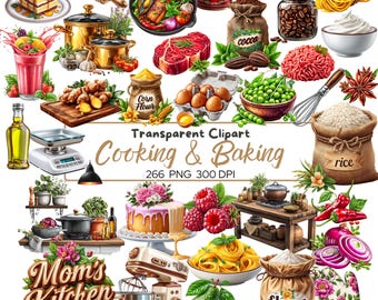 Paquete de imágenes prediseñadas de cocina en formato PNG, utensilios e ingredientes de cocina, elementos para hornear, ilustraciones de alimentos, PNG transparente, gráficos para uso comercial.