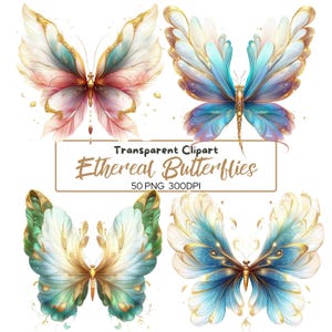 Pacote de clipart de 50 PNG Ethereal BUTTERFLIES, designs de ilustrações de borboletas fofas e caprichosas, download digital, uso comercial, 300 dpi