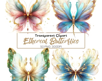Paquete de 50 imágenes PNG de mariposas etéreas, diseños de ilustraciones de mariposas adorables y caprichosas, descarga digital, uso comercial, 300 ppp