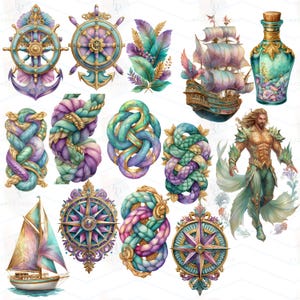 May include: Watercolor illustrations of nautical and fantasy elements. The image features a ship's wheel, anchor, rope knots, compasses, a sailboat, a ship, a potion bottle, and a merman. The color palette includes teal, purple, gold, and pastel hues.