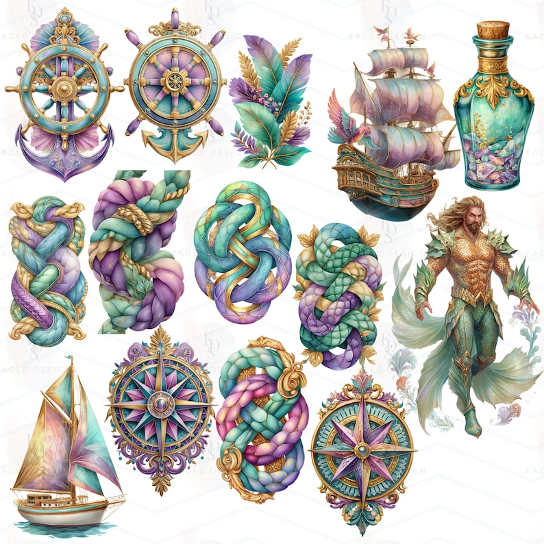 May include: Watercolor illustrations of nautical and fantasy elements. The image features a ship's wheel, anchor, rope knots, compasses, a sailboat, a ship, a potion bottle, and a merman. The color palette includes teal, purple, gold, and pastel hues.