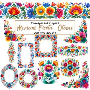 May include: A collection of colorful floral designs in a Mexican Fiesta theme. The designs include borders, frames, and floral arrangements in vibrant colors like red, blue, yellow, and green. The text "Mexican Fiesta - Otomi" is also present.