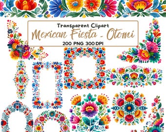 Más de 200 imágenes prediseñadas PNG de flores para fiestas mexicanas, motivos florales otomíes, bordes y marcos de acuarela Talavera, coronas de arte popular y patrones étnicos brillantes.