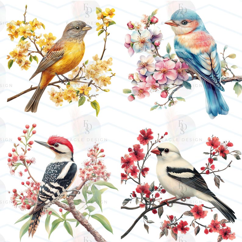 May include: Four watercolor illustrations of birds perched on flowering branches. The birds feature a variety of colors, including yellow, blue, red, and white. The flowers are in shades of yellow, pink, and red, set against a white background.