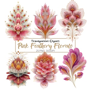 Puede incluir: Un conjunto de seis ilustraciones digitales de diseños florales plumosos de color rosa, blanco y dorado. Los diseños son intrincados y detallados, con una variedad de formas y texturas. Las ilustraciones son perfectas para agregar un toque de elegancia y fantasía a cualquier proyecto.