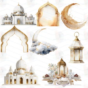 Puede incluir: Ilustraciones en acuarela de elementos arquitect&oacute;nicos isl&aacute;micos, incluyendo mezquitas, arcos y una luna creciente. Los dise&ntilde;os incorporan detalles dorados y blancos, con representaciones detalladas para arte digital o impresi&oacute;n.
