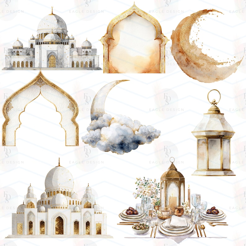 Puede incluir: Ilustraciones en acuarela de elementos arquitect&oacute;nicos isl&aacute;micos, incluyendo mezquitas, arcos y una luna creciente. Los dise&ntilde;os incorporan detalles dorados y blancos, con representaciones detalladas para arte digital o impresi&oacute;n.