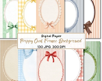 130 fondos JPG con marcos ovalados estilo preppy / Plantillas a rayas y vichy / Fondos de invitación vintage coqueta / Papel digital imprimible